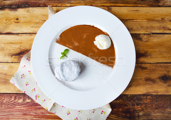 Stock foto: Schokolade · Brownie · Vanille · Eis · Holztisch · Essen
