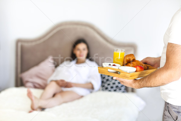 Healthy breakfast with coffee, orange juice, croisan and oatmeal Stock photo © dashapetrenko