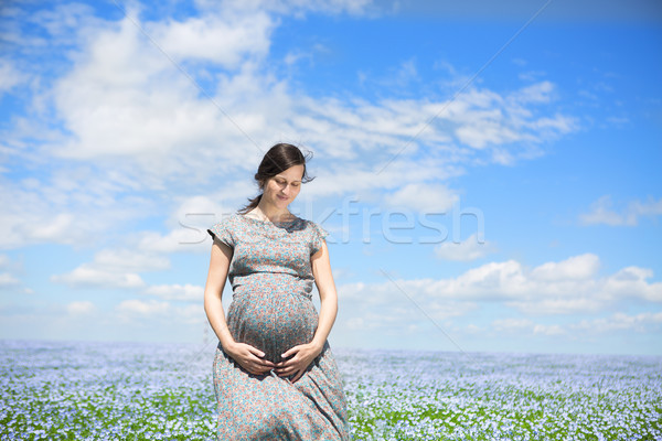 Young beautiful pregnant woman in linen field Stock photo © dashapetrenko