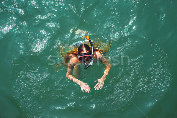 Aerial top down view of a girl wearing swimming mask in the sea  Stock photo © dashapetrenko