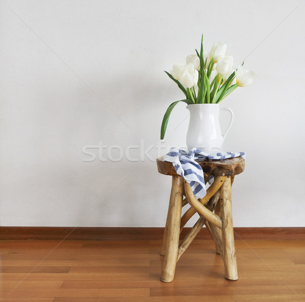 With tulips bouquet in white vase on wooden rustic chair  Stock photo © dashapetrenko