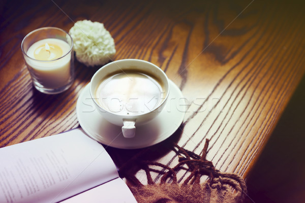 Kávé könyv kockás gyertya otthon étel Stock fotó © dashapetrenko