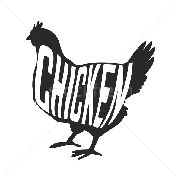 Stock photo: Silhouette of farm Hen black with text inside on white background isolated