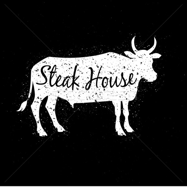 Grunge scratched white cow silhouette with text inside. Concept of logotype for steak house or resta Stock photo © Dashikka