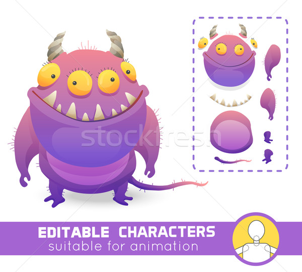 Stock photo: Cute editable monster. Evil with 4 eyes, teeth and smile. Suitable for animation, video and games.  