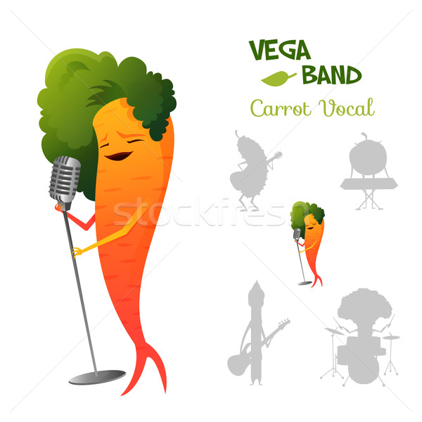 Pretty red carrot character singing a song in retro microphone with band. Vegaband characters concep Stock photo © Dashikka