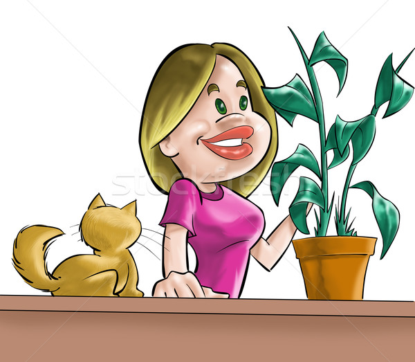 Fată pisică plantă uita portocaliu Imagine de stoc © davisales
