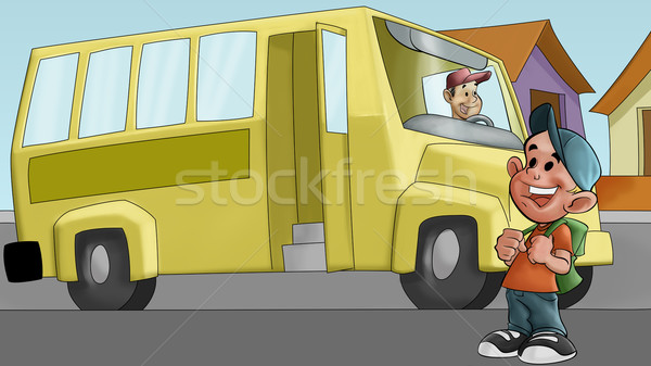 Stock photo: little boy and schoolbus