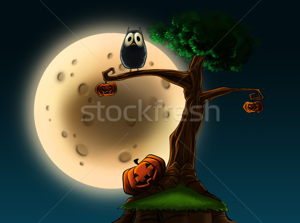Halloween albero zucche illustrazione gufo luna piena Foto d'archivio © davisales