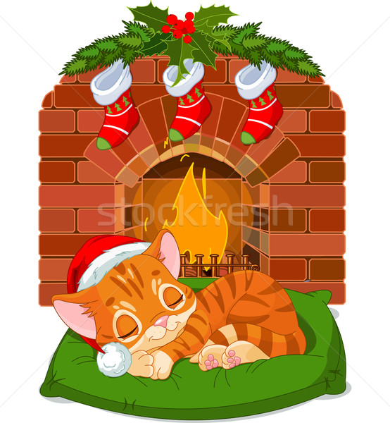 Сток-фото: Рождества · котенка · спальный · камин · Cute · мало