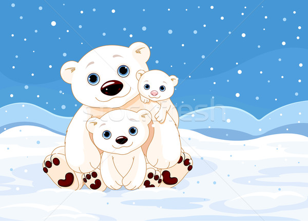 Foto stock: Urso · polar · família · ilustração · inverno · bebê · sorrir