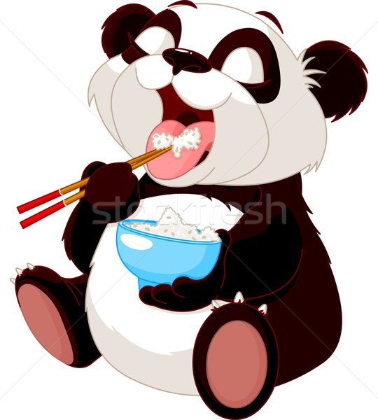 Drăguţ panda mananca orez betisoarele placă Imagine de stoc © Dazdraperma