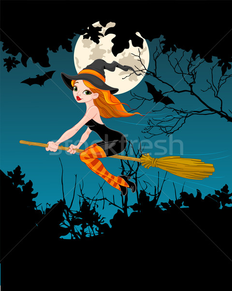 Halloween witch banner pływające miotła kobiet Zdjęcia stock © Dazdraperma