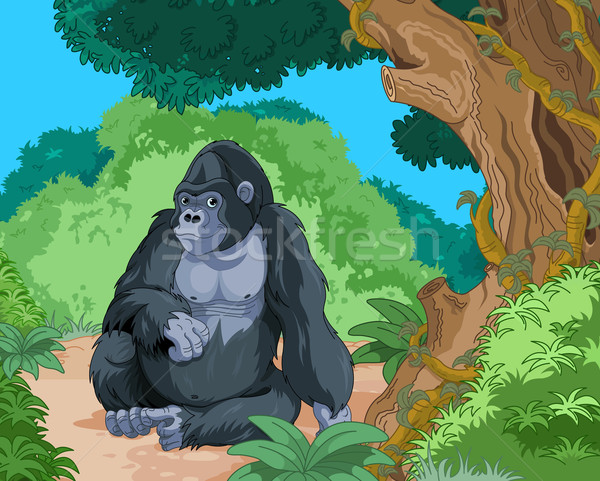 坐在 大猩猩 插圖 熱帶 森林 樹 商業照片 © Dazdraperma