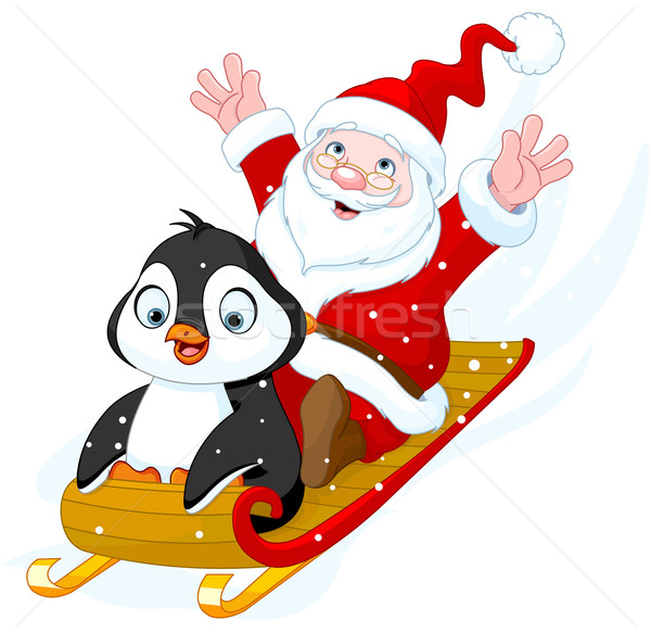 Foto stock: Papá · noel · pingüino · ilustración · aves · rojo · tarjeta
