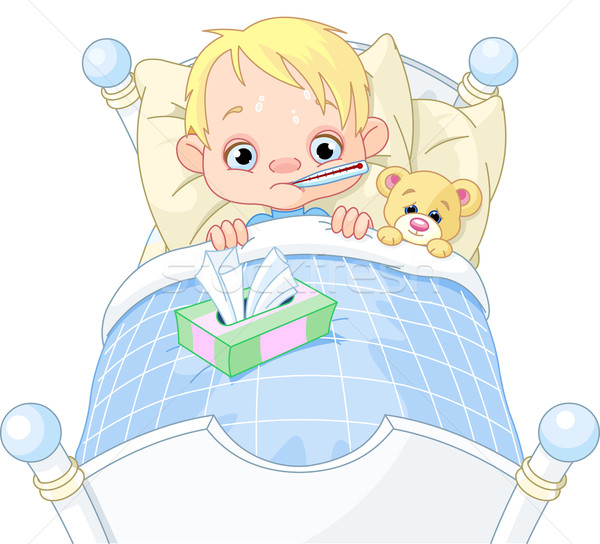 Bolnav băiat desen animat ilustrare drăguţ pat Imagine de stoc © Dazdraperma
