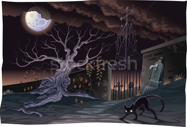 Foto stock: Gato · negro · cementerio · noche · horror · escena · vector