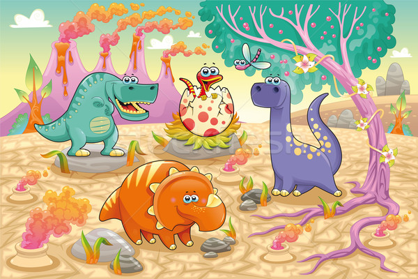 Stock photo: Group of funny dinosaurs in a prehistoric landscape.