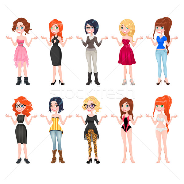 Women with different dresses, clothes and shoes. Stock photo © ddraw