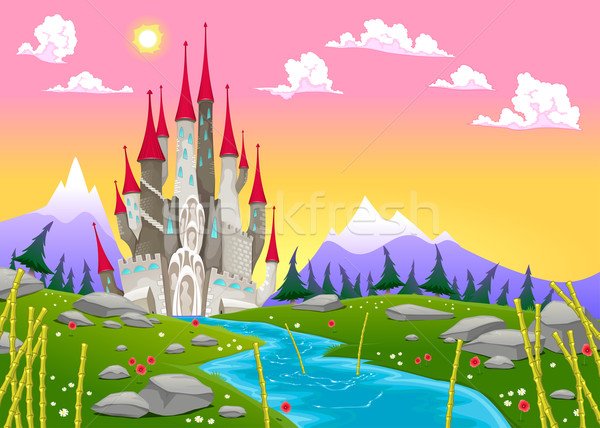 Fantasy mountain landscape with medieval castle Stock photo © ddraw