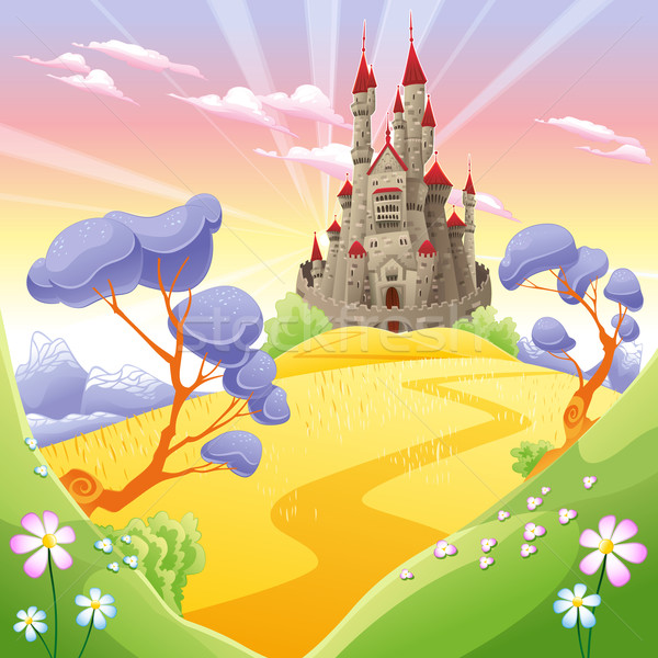 Mitologic peisaj medieval castel desen animat copac Imagine de stoc © ddraw