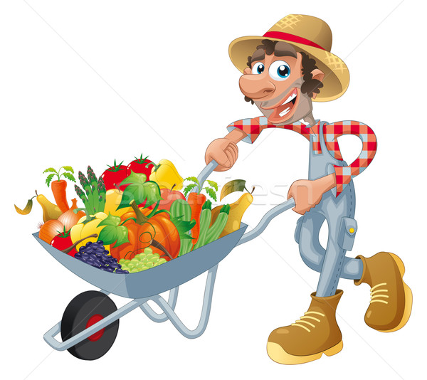 Stock fotó: Paraszt · talicska · zöldségek · gyümölcsök · rajz · izolált · tárgyak