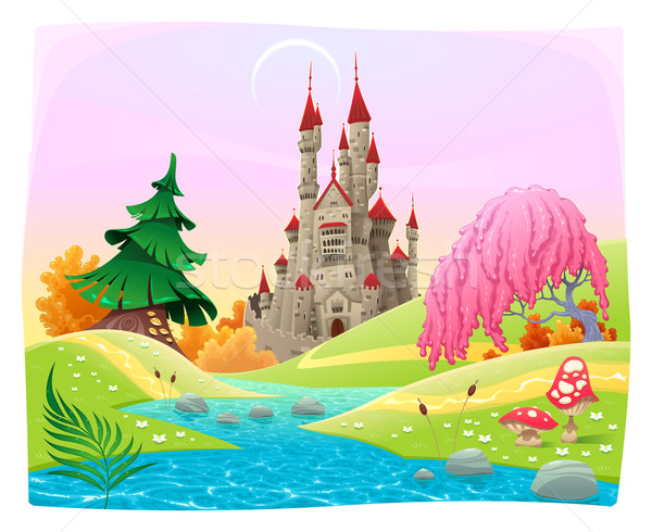 [[stock_photo]]: Mythologique · paysage · médiévale · château · cartoon · arbre