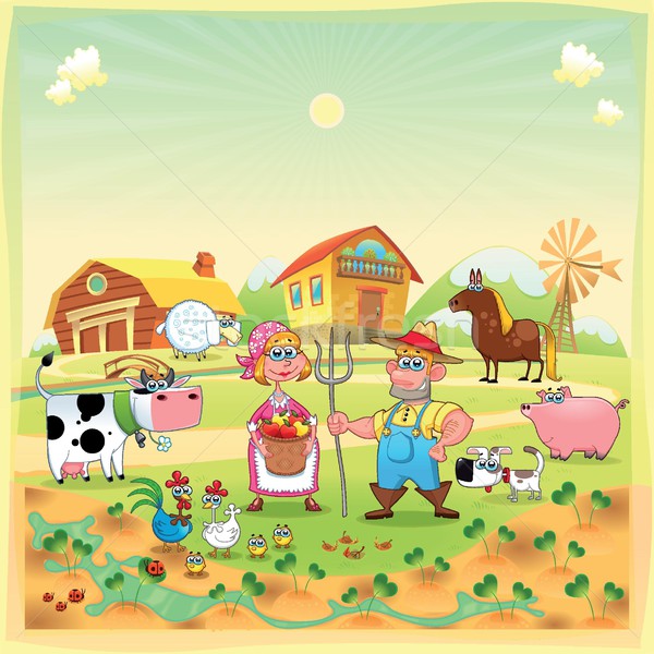 [[stock_photo]]: Ferme · famille · drôle · cartoon · fleur · cheval