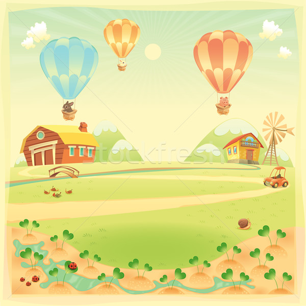 Funny landscape with farm and hot air baloons Stock photo © ddraw