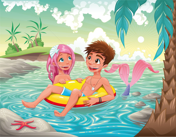 Boy and Mermaid in the sea.  Stock photo © ddraw