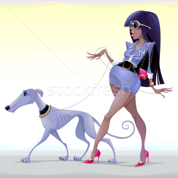 Fashion woman with dog walking on the street Stock photo © ddraw