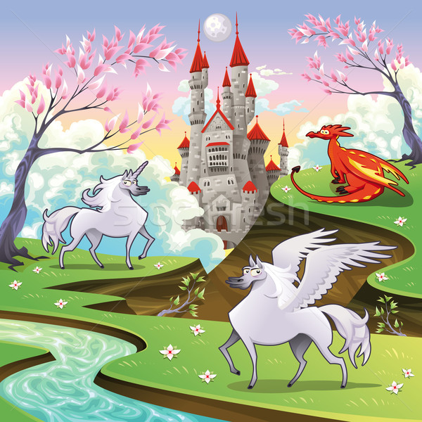 Pegasus, unicorn and dragon in a mythological landscape. Stock photo © ddraw