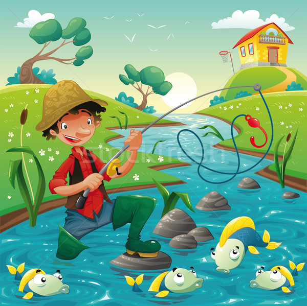 Cartoon scena pescatore pesce oggetti isolati acqua Foto d'archivio © ddraw