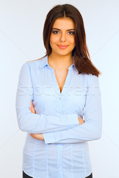ストックフォト: 肖像 · 幸せ · 小さな · ビジネス女性 · 青 · シャツ