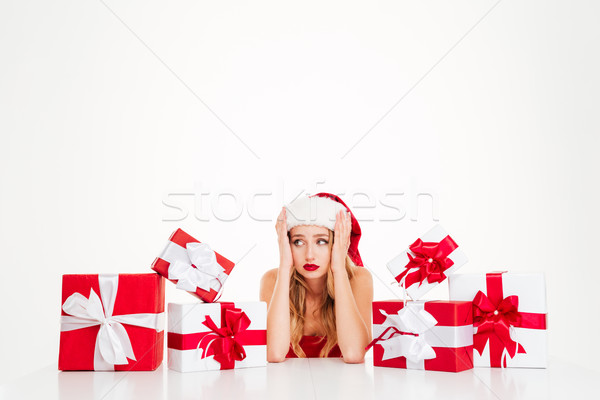 ストックフォト: 悲しい · 若い女性 · サンタクロース · 衣装 · ギフトボックス · 動揺