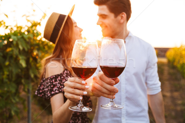 Szczęśliwy kochający para odkryty pitnej wina Zdjęcia stock © deandrobot