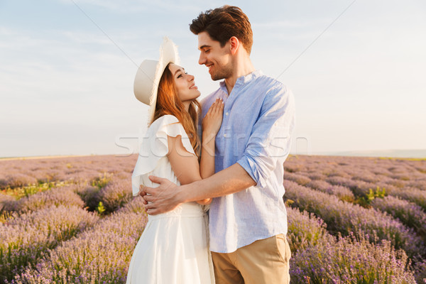 Gelukkig lavendel veld wijzend vinger Stockfoto © deandrobot