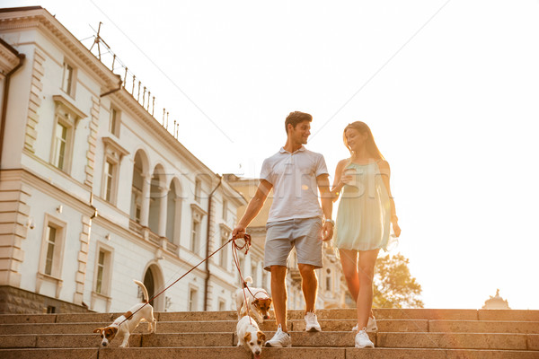 [[stock_photo]]: Heureux · couple · vers · le · bas · escaliers · chiens · laisse