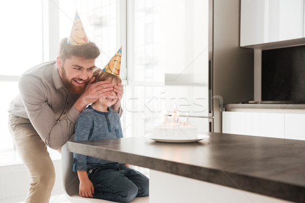 Foto stock: Feliz · jovem · pai · aniversário · filho · olhos