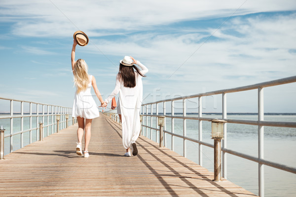 Back view of two pretty young women walking on pier Stock photo © deandrobot