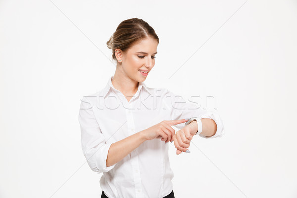 Boldog szőke nő üzletasszony karóra fehér üzlet Stock fotó © deandrobot