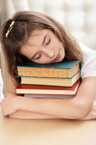 Stockfoto: Schoolmeisje · boeken · vergadering · tabel · boek