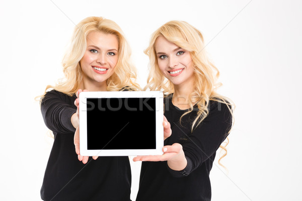 Kettő aranyos nővérek ikrek mutat táblagép Stock fotó © deandrobot