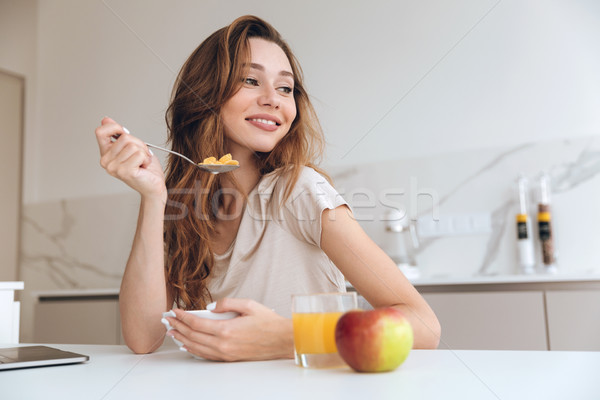 счастливым довольно Lady еды фруктовый салат Сток-фото © deandrobot