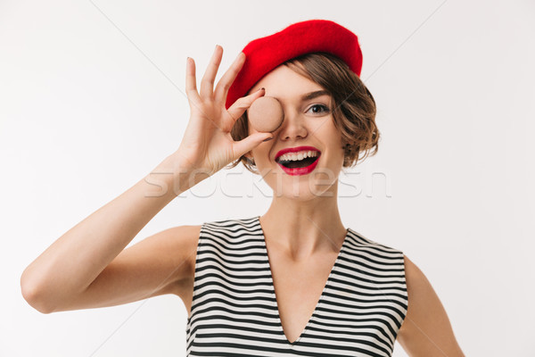 Portret wesoły kobieta czerwony beret Zdjęcia stock © deandrobot