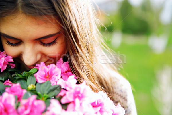 Stockfoto: Jonge · vrouw · roze · bloemen · voorjaar · gelukkig · ogen