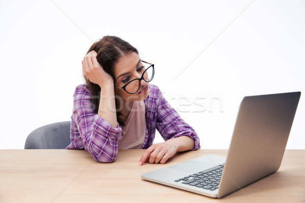 Stok fotoğraf: Yorgun · kadın · öğrenci · oturma · dizüstü · bilgisayar · gözlük