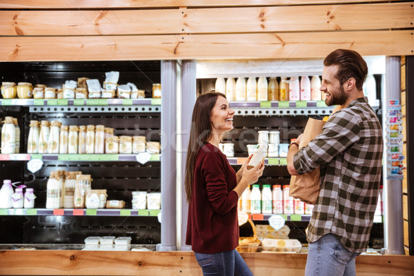 Stockfoto: Paar · winkelen · lachend · kruidenier · winkel · vrolijk