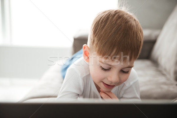 Foto stock: Bonitinho · menino · usando · laptop · mentiras · sofá · casa