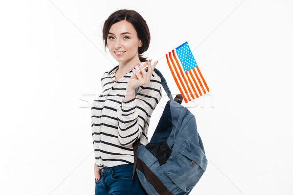 Stok fotoğraf: Portre · genç · kız · sırt · çantası · bayrak · mutlu